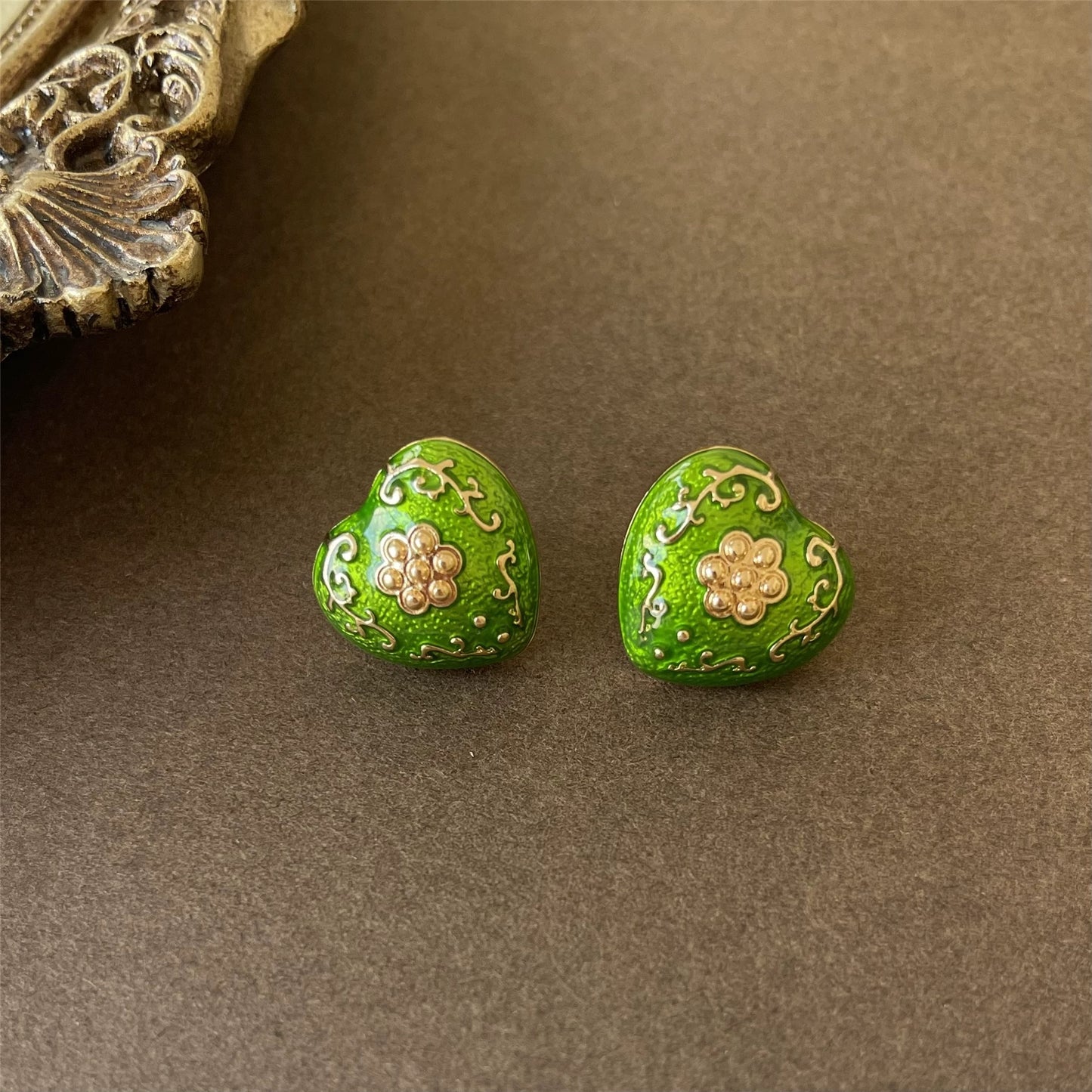 Green Heart Vintage Earrings Cloisonné