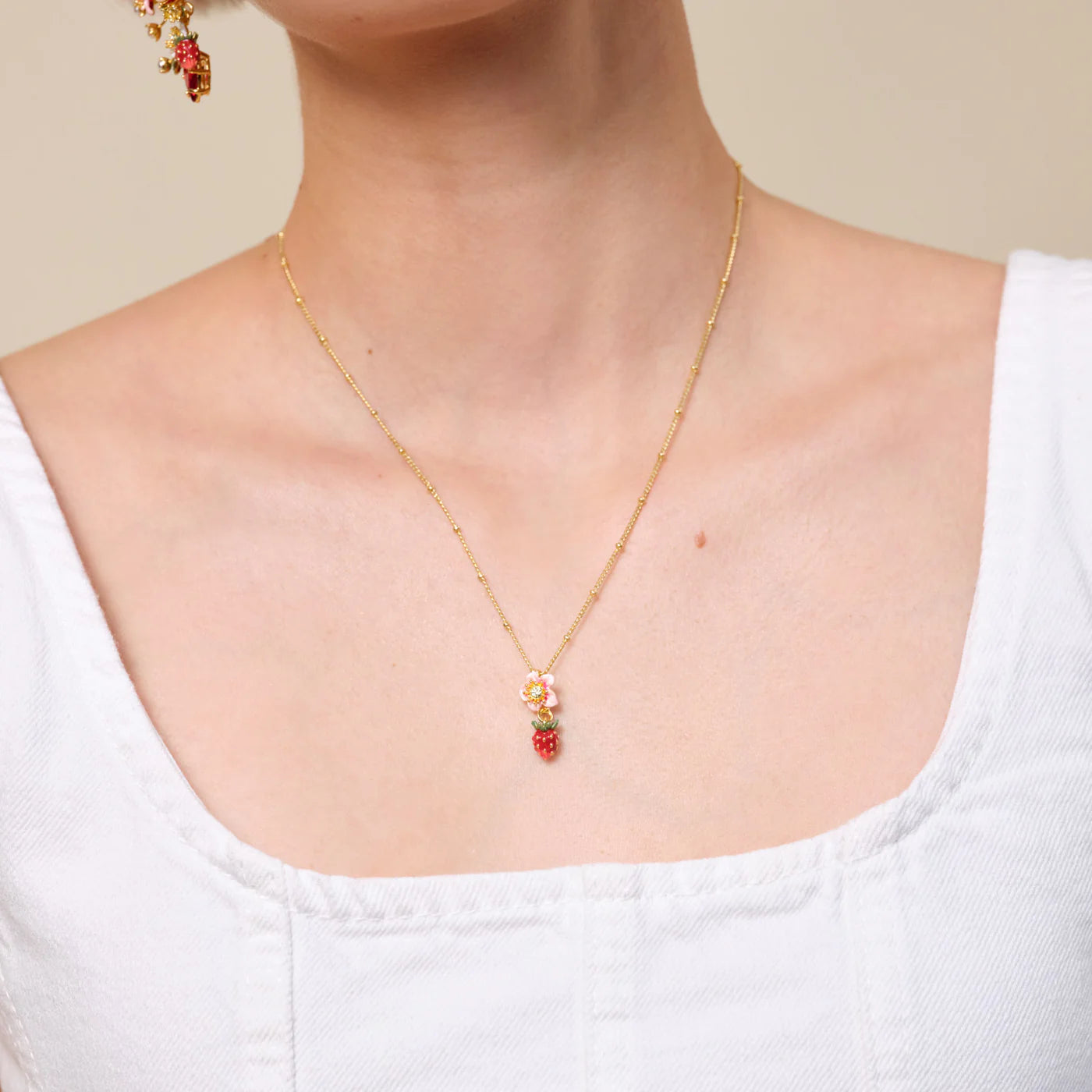 Wild Strawberry and Pink Flower Pendant Necklace Les Néréides