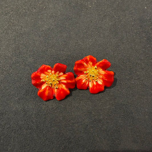 Red flower earrings Cloisonné