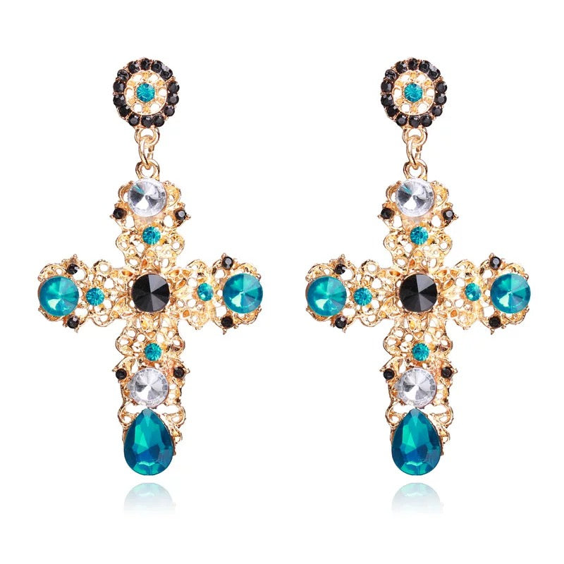Baroque Rhinestone Cross Earrings Cloisonné