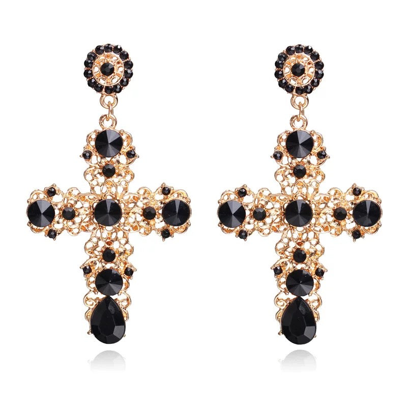 Baroque Rhinestone Cross Earrings Cloisonné