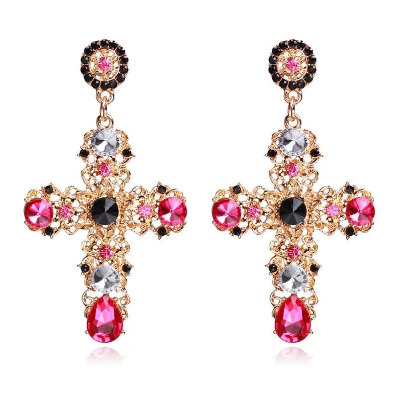 Baroque Rhinestone Cross Earrings Cloisonné
