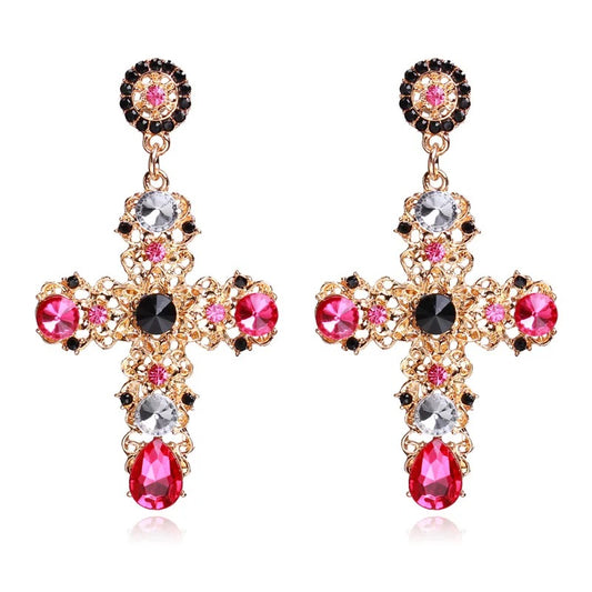 Baroque Rhinestone Cross Earrings Cloisonné