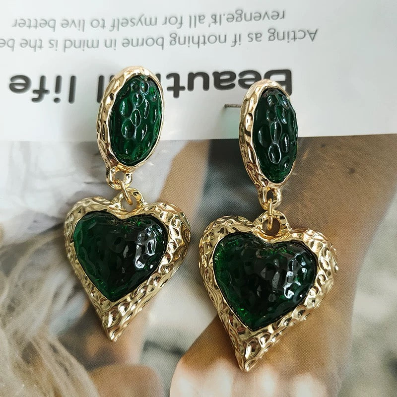 Vintage Resin Heart Earrings Cloisonné