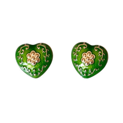Pendientes Vintage Corazón Verde Cloisonné