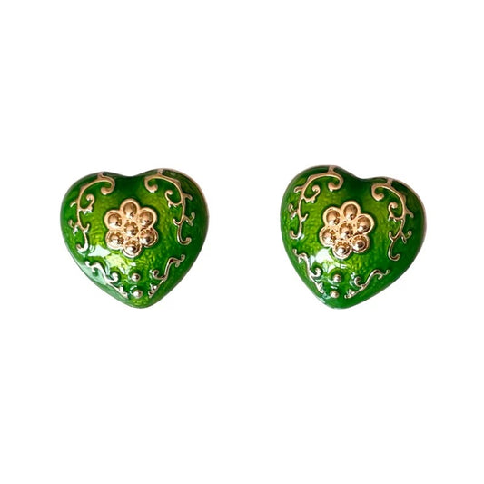 Green Heart Vintage Earrings Cloisonné